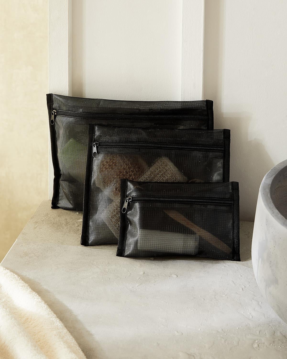 3lü Su Geçirmez Pvc Astarlı Siyah Renk File Islak Kuru Çantası 20 x 13 / 24 x 20 / 30 x 24 cm