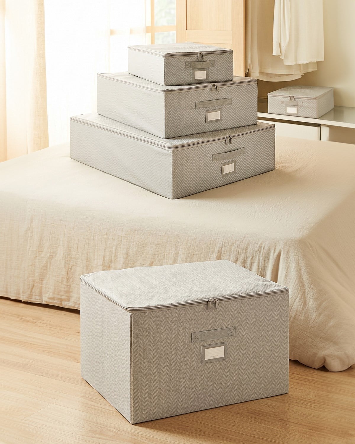 4lü Gri Balıksırtı Destekli Kutu Hurç Set 31 x 38 x 12 + 45 x 55 x 18 + 55 x 70 x 18 + 48 x 40 x 30 cm