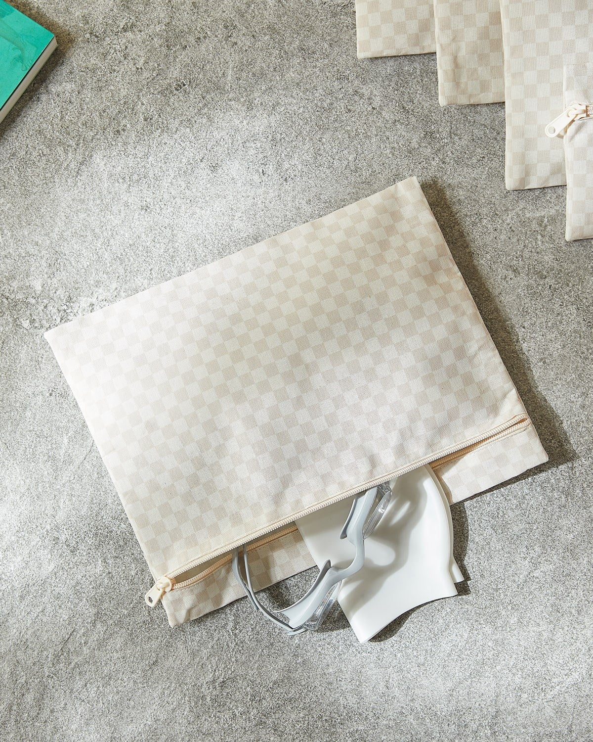5li Su Geçirmez Pvc Astarlı Bej Dama Desen Islak Kuru Çanta Seti 20 x 13 / 24 x 20 / 30 x 24 / 28 x 30 / 30 x 36 cm