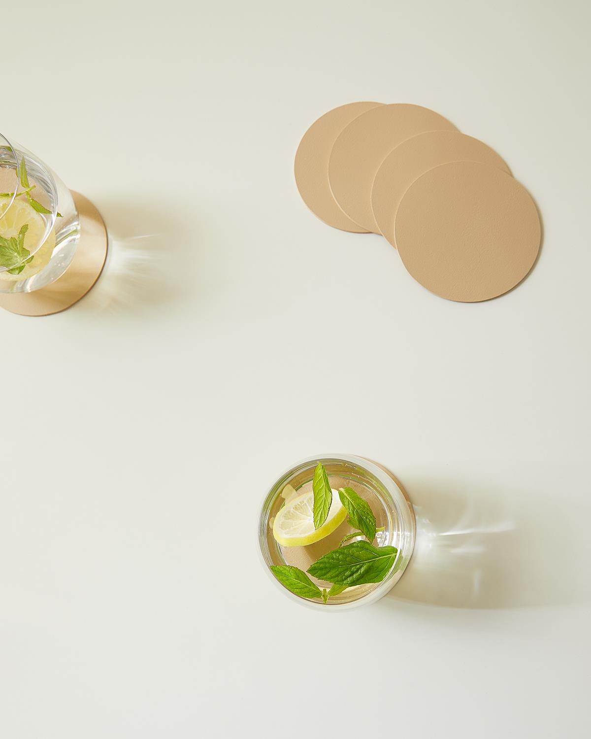 4lü Bej/Taş Renk Suni Deri Bardak Altlığı Ø 10 cm