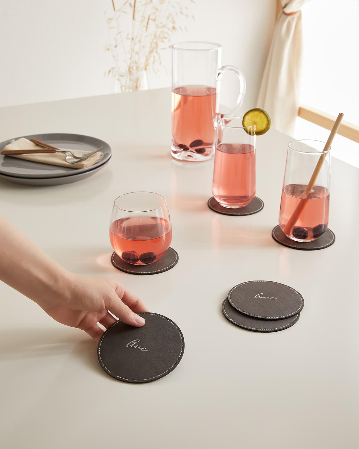 6li Gri Renk Deri Bardak Altlığı Ø 10 cm