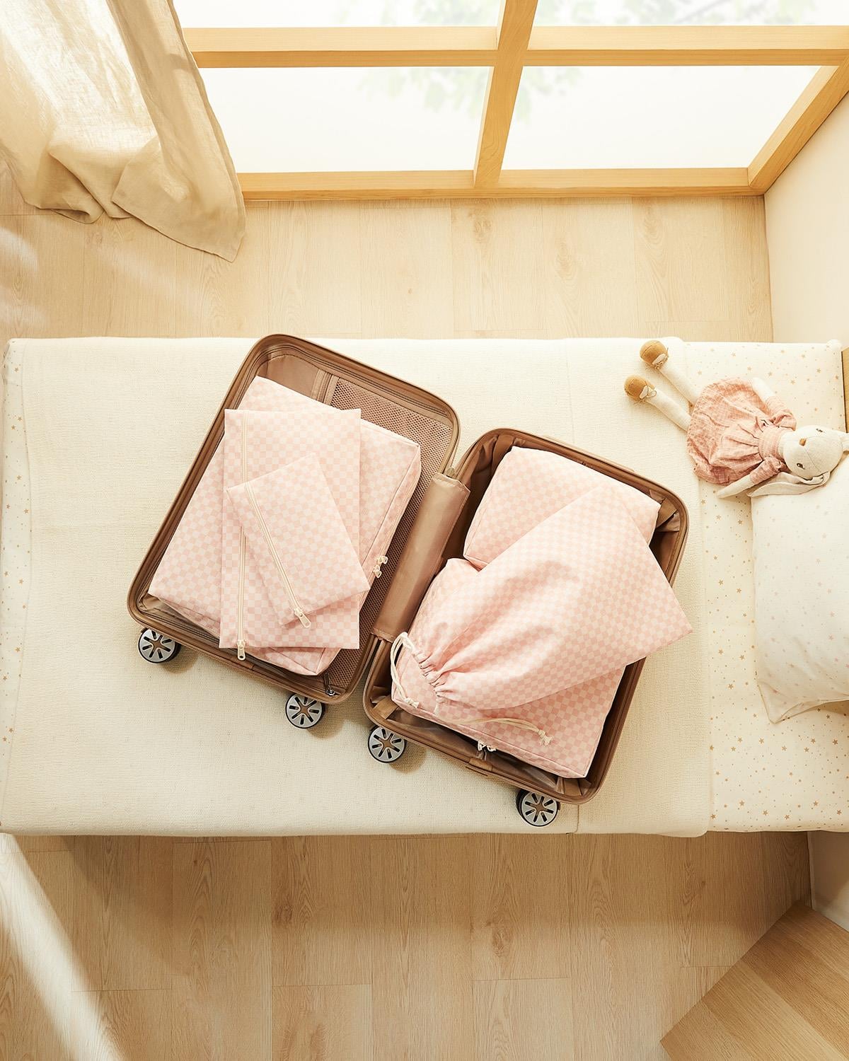 6lı Pembe Dama Desen Pamuklu Bavul İçi Düzenleyici Set