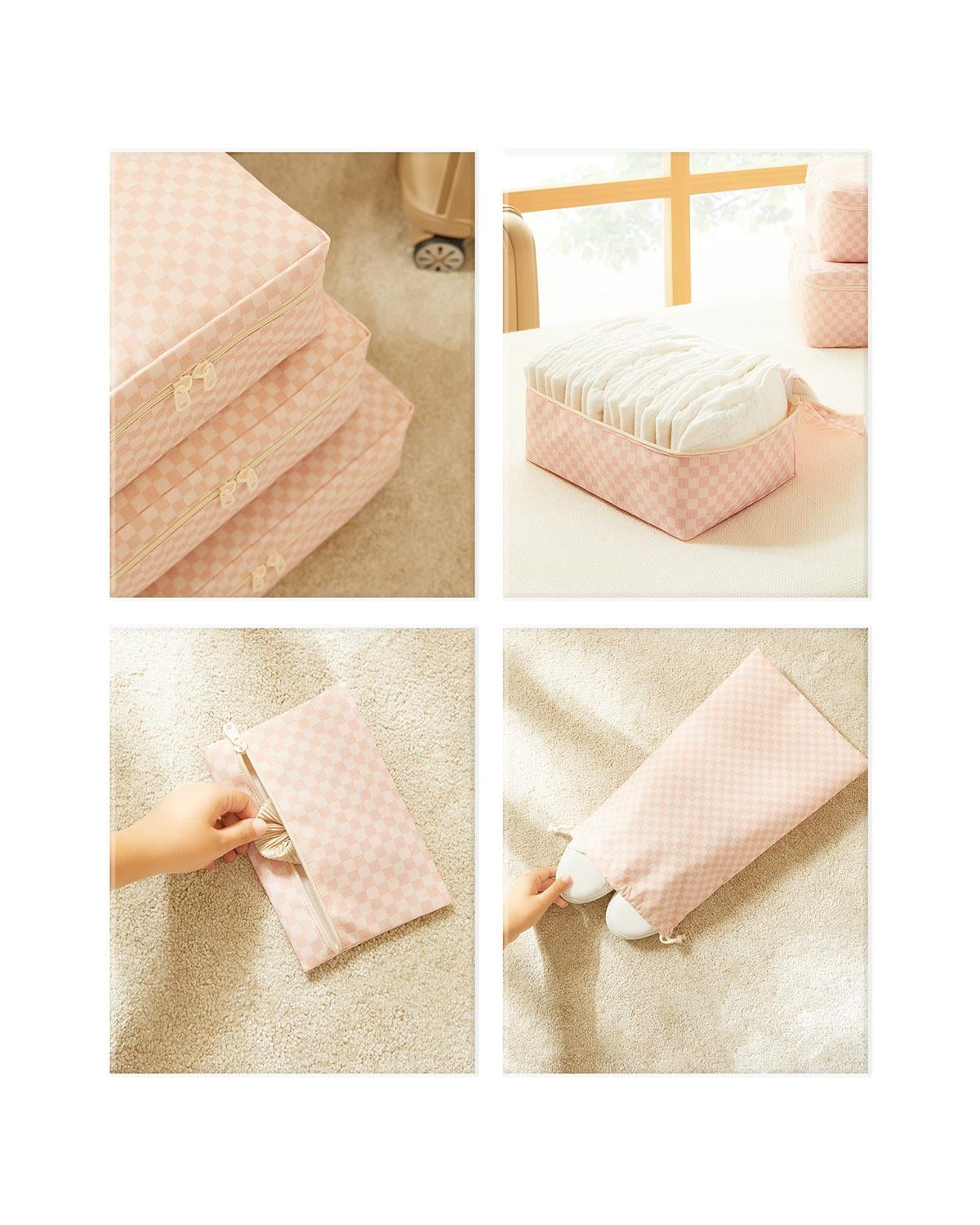 6lı Pembe Dama Desen Pamuklu Bavul İçi Düzenleyici Set