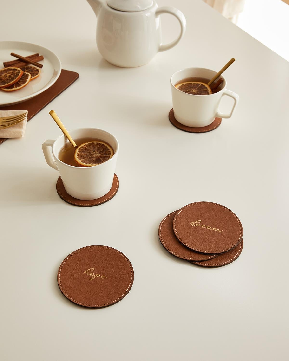 6lı Taba Renk Deri Bardak Altlığı Ø 10 cm