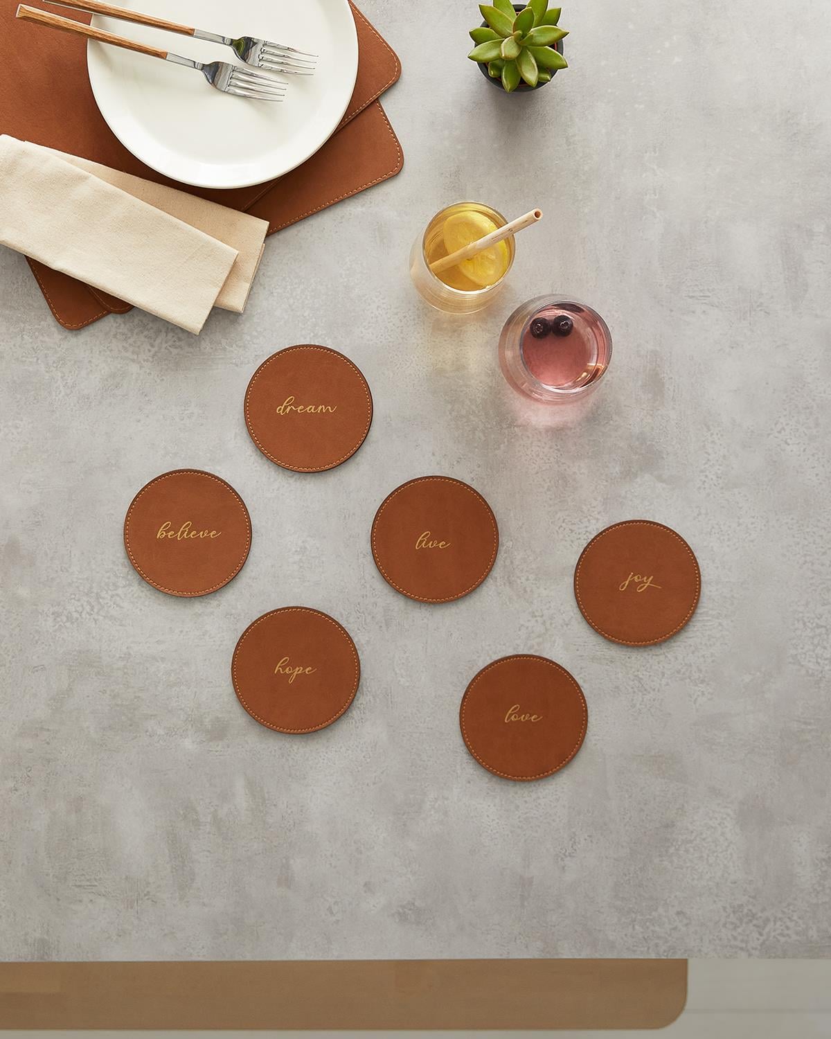 6lı Taba Renk Deri Bardak Altlığı Ø 10 cm