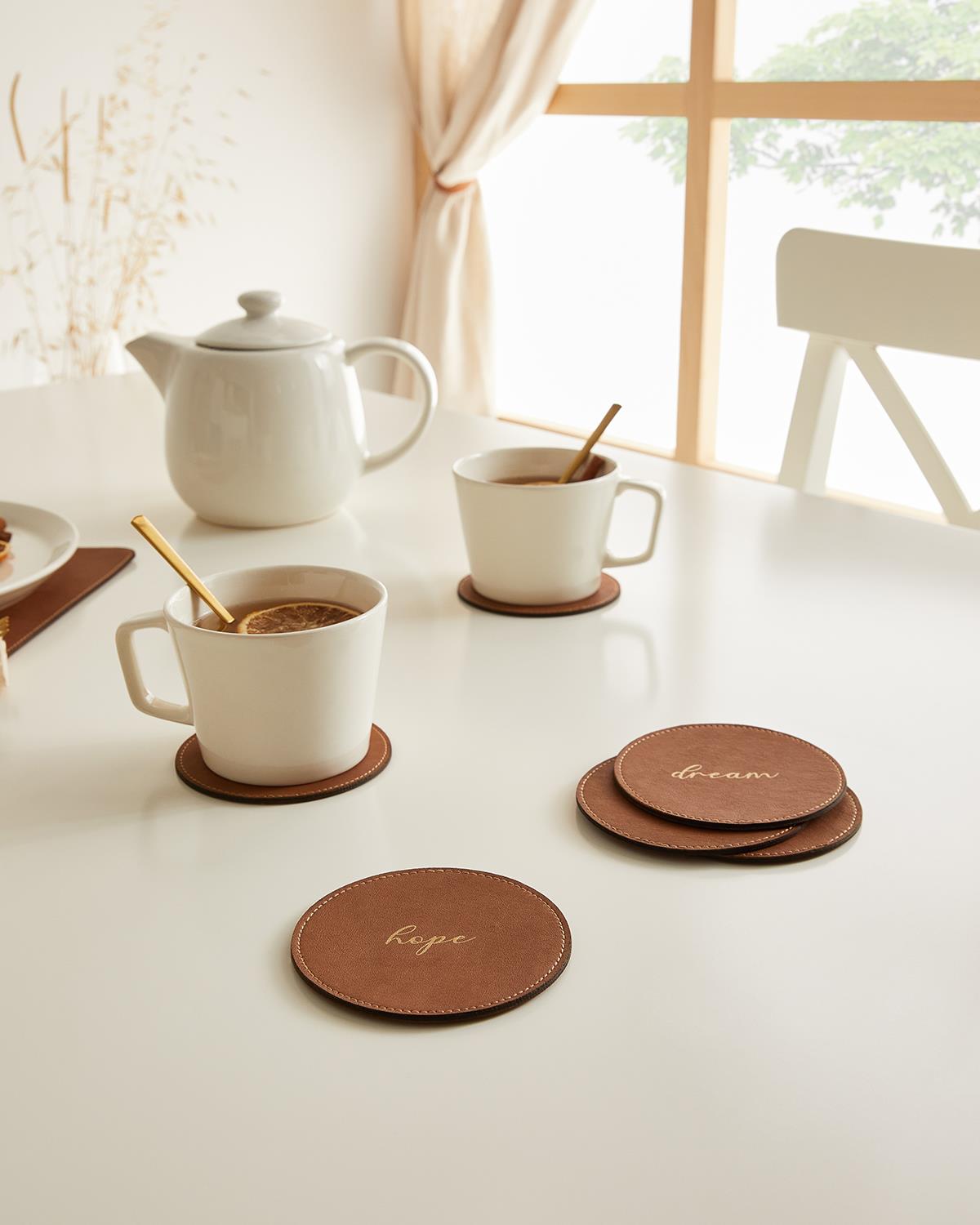 6lı Taba Renk Deri Bardak Altlığı Ø 10 cm