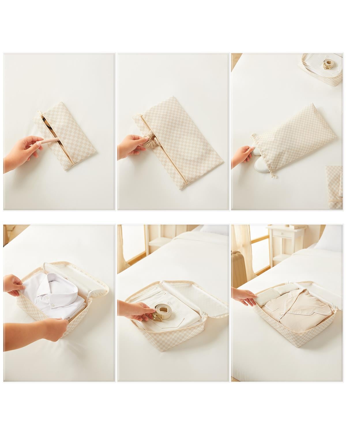 6lı Bej Dama Desen Pamuklu Bavul İçi Düzenleyici Set