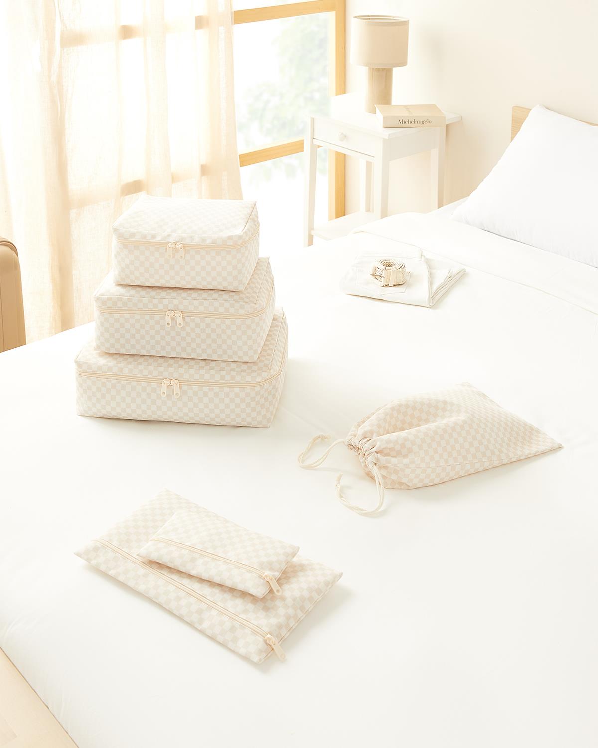 6lı Bej Dama Desen Pamuklu Bavul İçi Düzenleyici Set