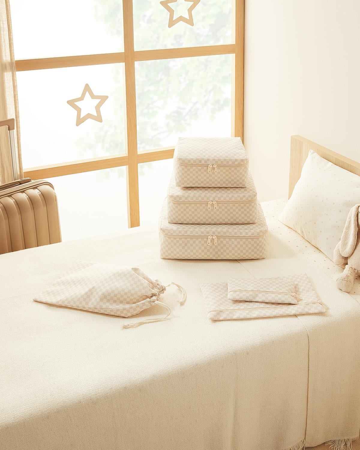 6lı Bej Dama Desen Pamuklu Bavul İçi Düzenleyici Set