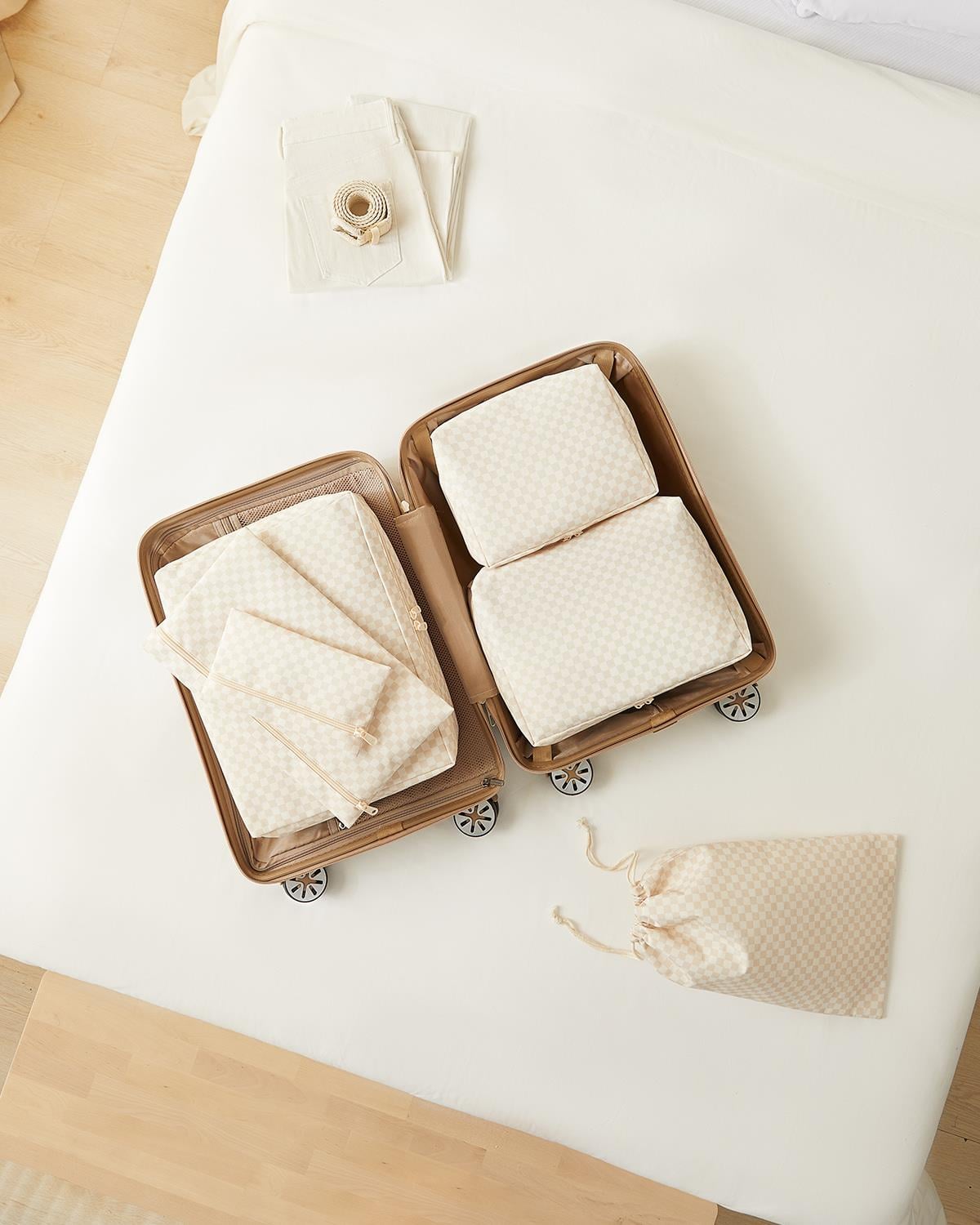 6lı Bej Dama Desen Pamuklu Bavul İçi Düzenleyici Set