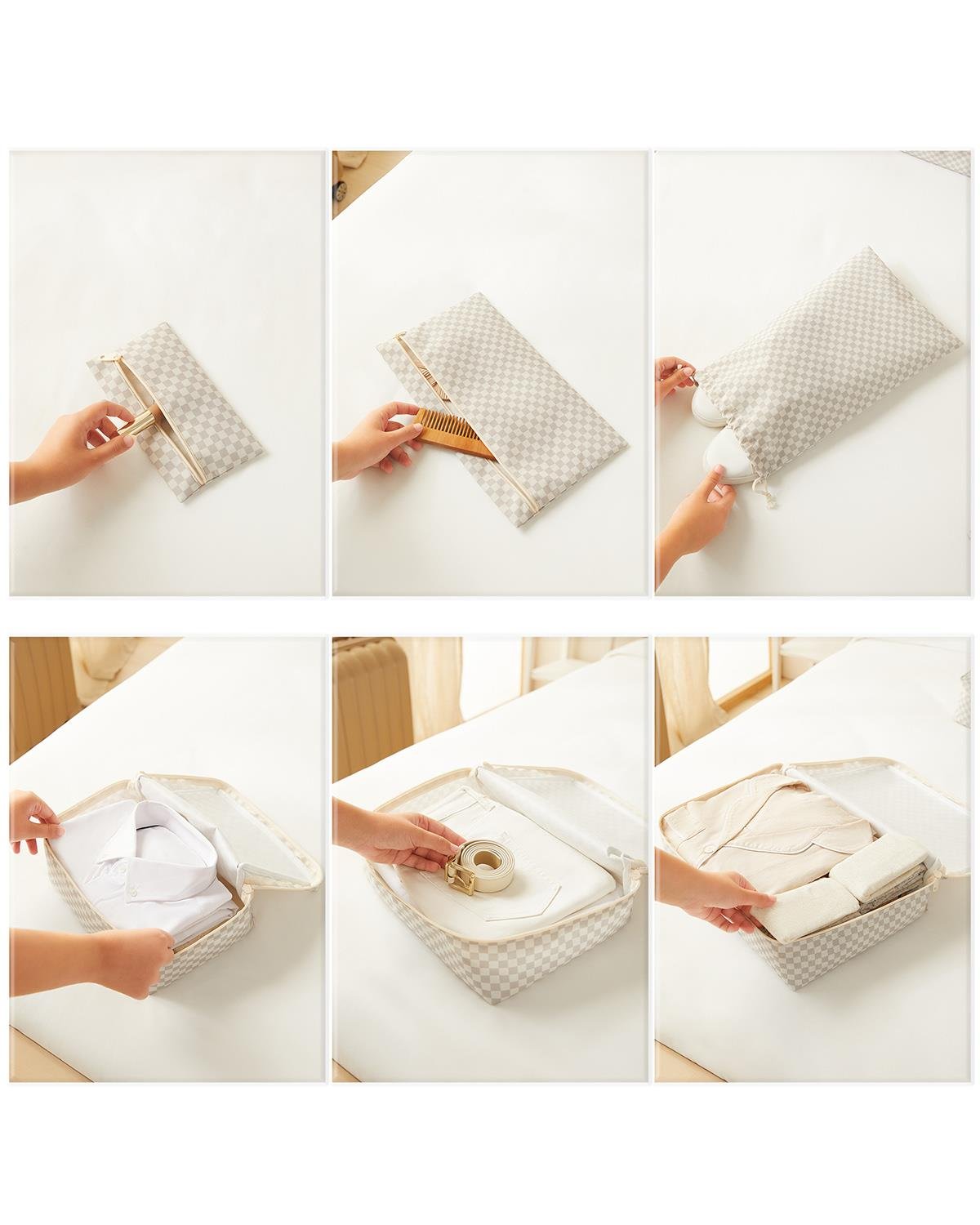 6lı Gri Dama Desen Pamuklu Bavul İçi Düzenleyici Set