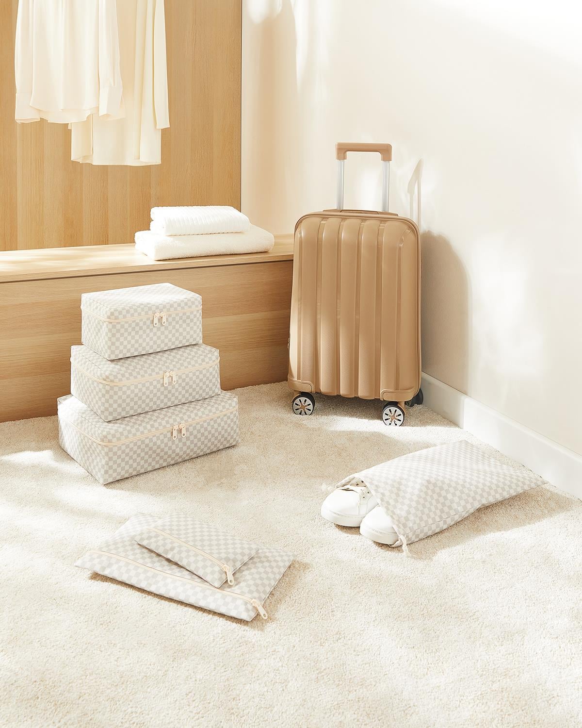 6lı Gri Dama Desen Pamuklu Bavul İçi Düzenleyici Set