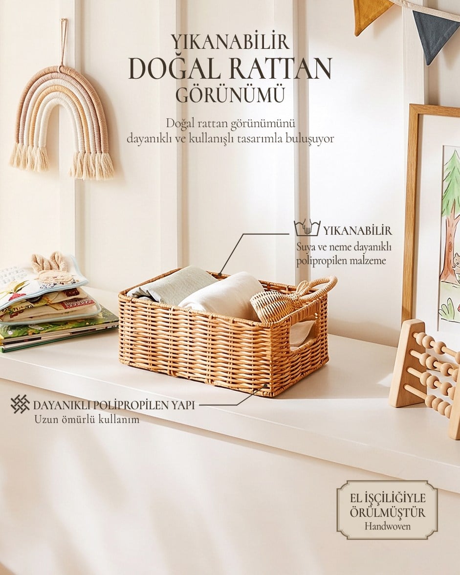 Çocuk Odası Yıkanabilir Bej PP Rattan Sepet 30 x 20 x 11 cm