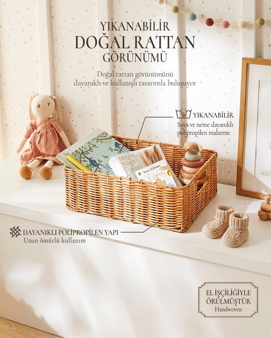 Çocuk Odası Yıkanabilir Bej PP Rattan Sepet 39 x 29 x 13 cm