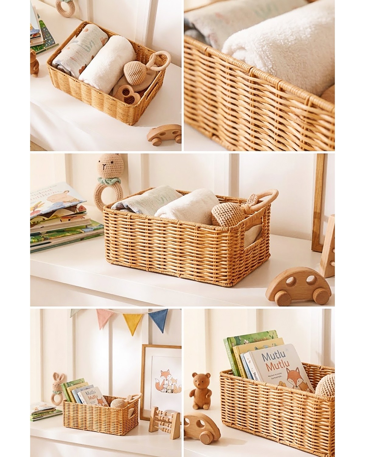 Çocuk Odası Yıkanabilir Bej PP Rattan Sepet 30 x 20 x 11 cm