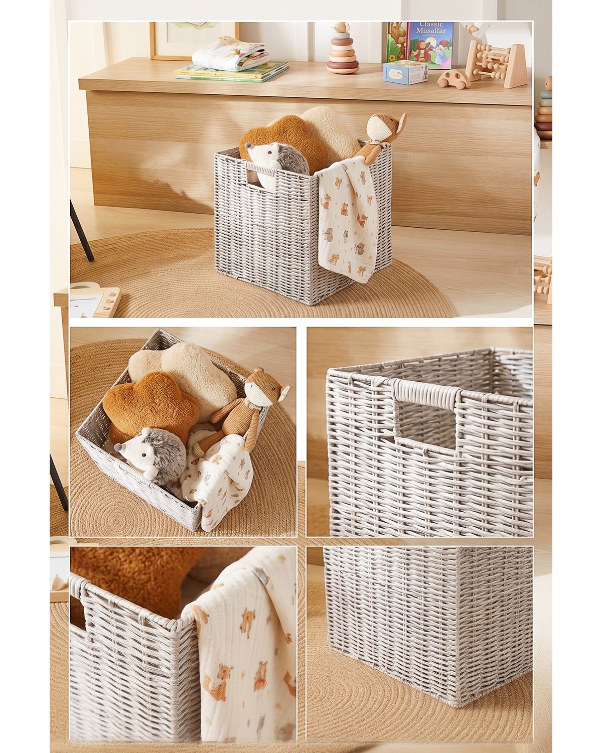 Çocuk Odası Yıkanabilir Gri PP Rattan Sepet 33 x 33 x 33 cm