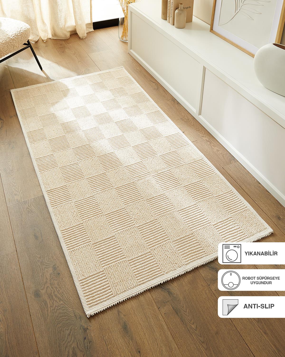 Yıkanabilir Pamuklu Ekru Renk Dama Desen Kilim 120 x 180 cm