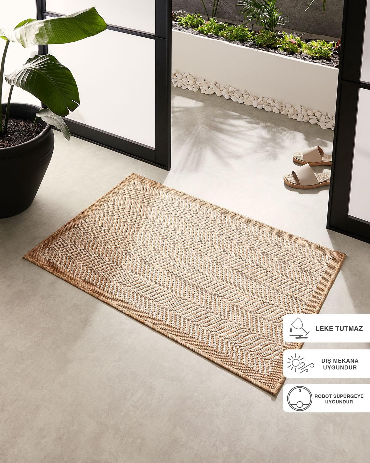 Leke Tutmaz İç Dış Mekan Bej Renk Balıksırtı Paspas 60 x 90 cm
