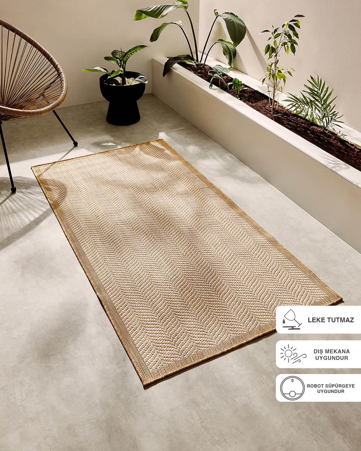 Leke Tutmaz İç Dış Mekan Bej Renk Balıksırtı Halı Kilim 80 x 200 cm