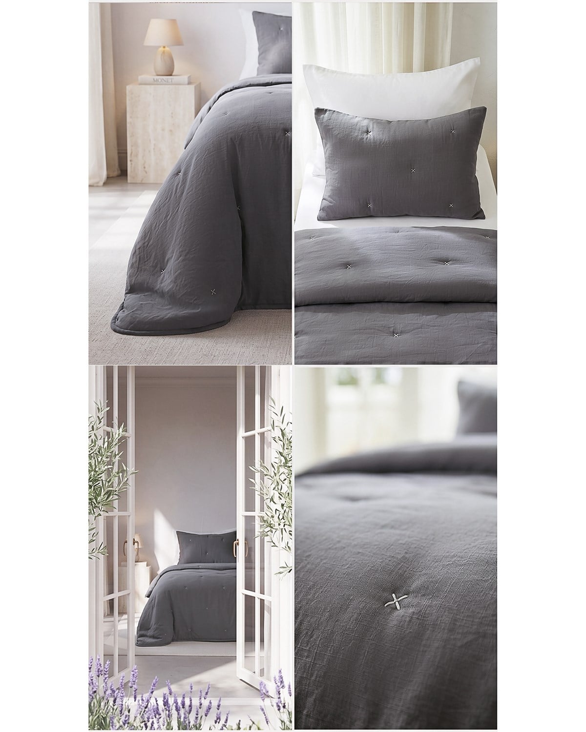 Nakışlı Antrasit Çift Kişilik Yatak Örtüsü Seti 1 Adet 250 x 230 / 2 Adet 50 x 70 cm