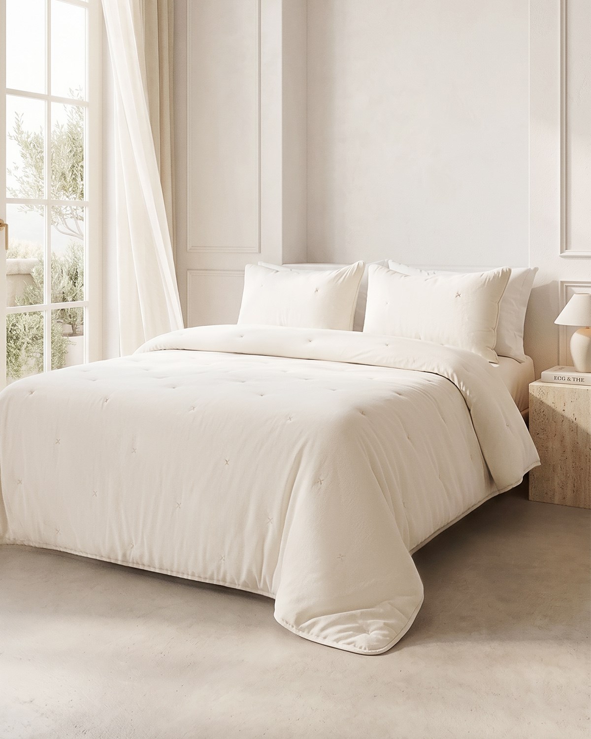 Nakışlı Ekru Çift Kişilik Yatak Örtüsü Seti 1 Adet 250 x 230 / 2 Adet 50 x 70 cm