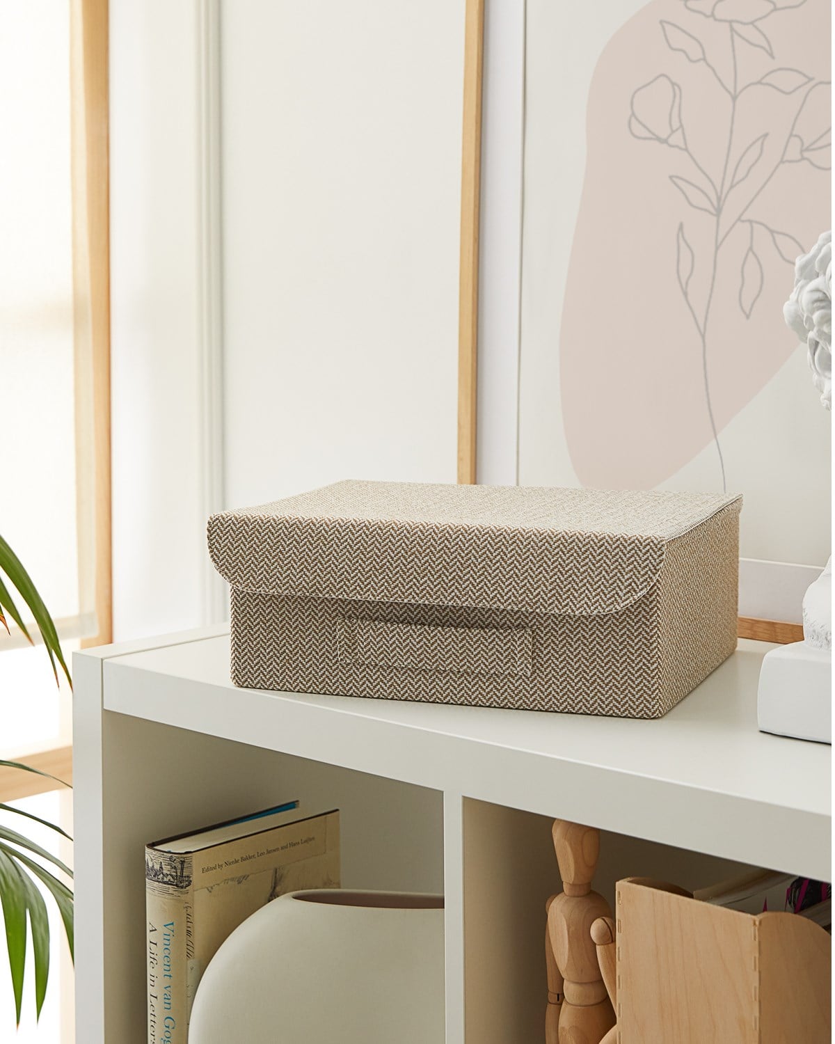 Çekmece İçi Bej Renk Dokulu Kumaş Kapaklı Kutu 30 x 23 x 11 cm