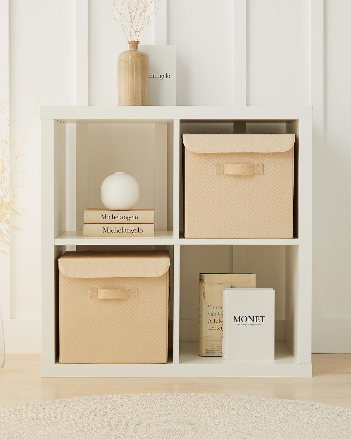 2li Bej Balıksırtı Kapaklı Kutu Set 30 x 30 x 30 cm