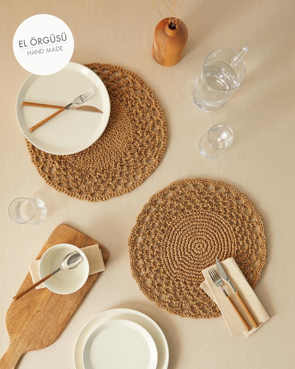 2li Bej Renk Motifli Rafya Amerikan Servis Ø 36 cm