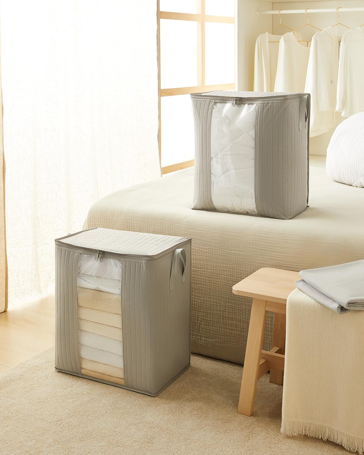2li Pvc Pencereli Gri Renk Kapitone Hurç Set 45 x 30 x 50 cm