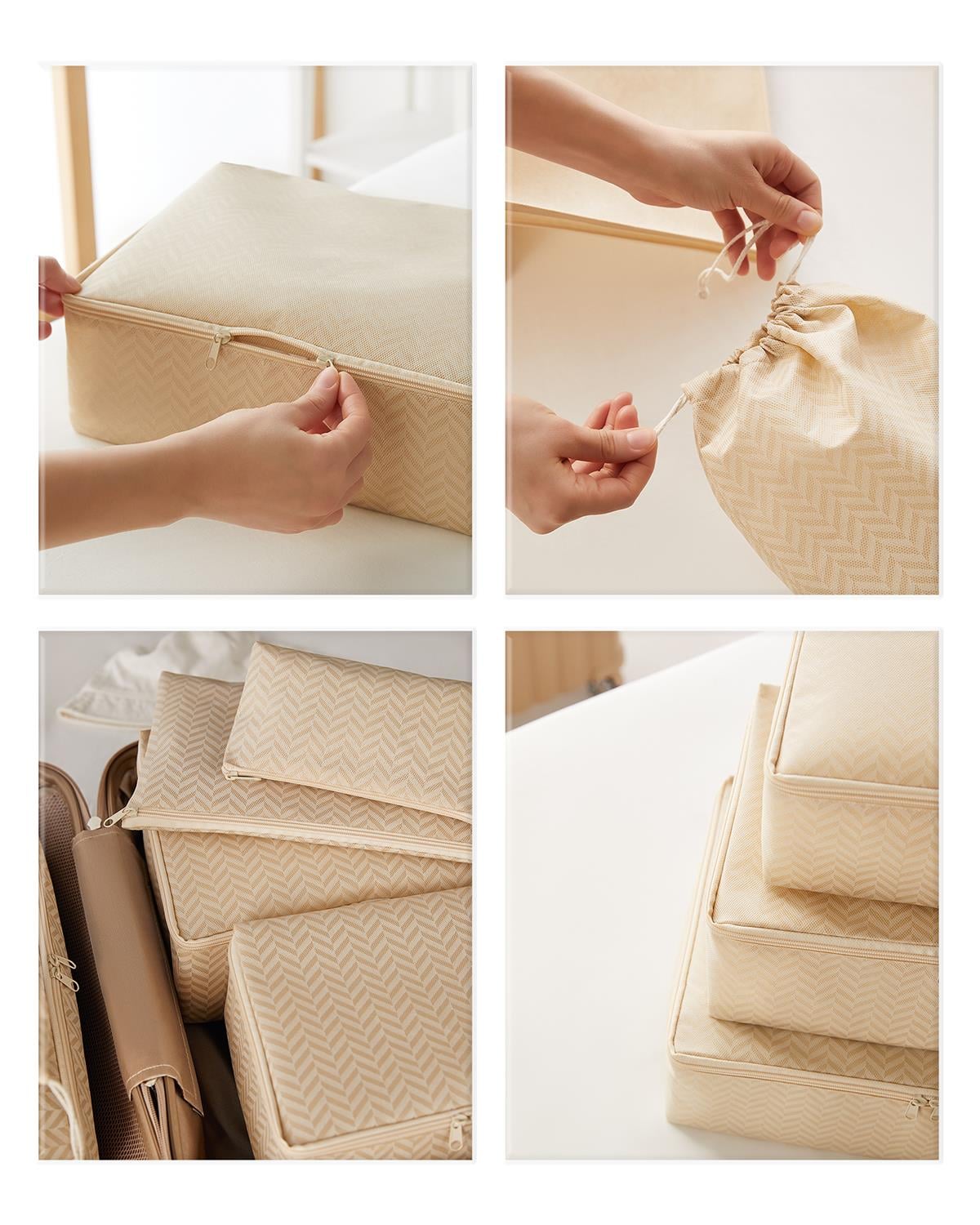 6lı Bej Balıksırtı Bavul İçi Düzenleyici Set