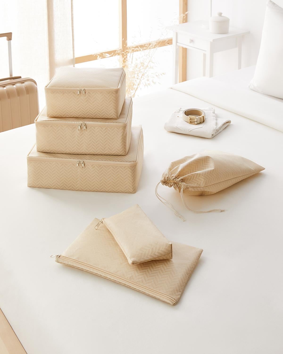 6lı Bej Balıksırtı Bavul İçi Düzenleyici Set