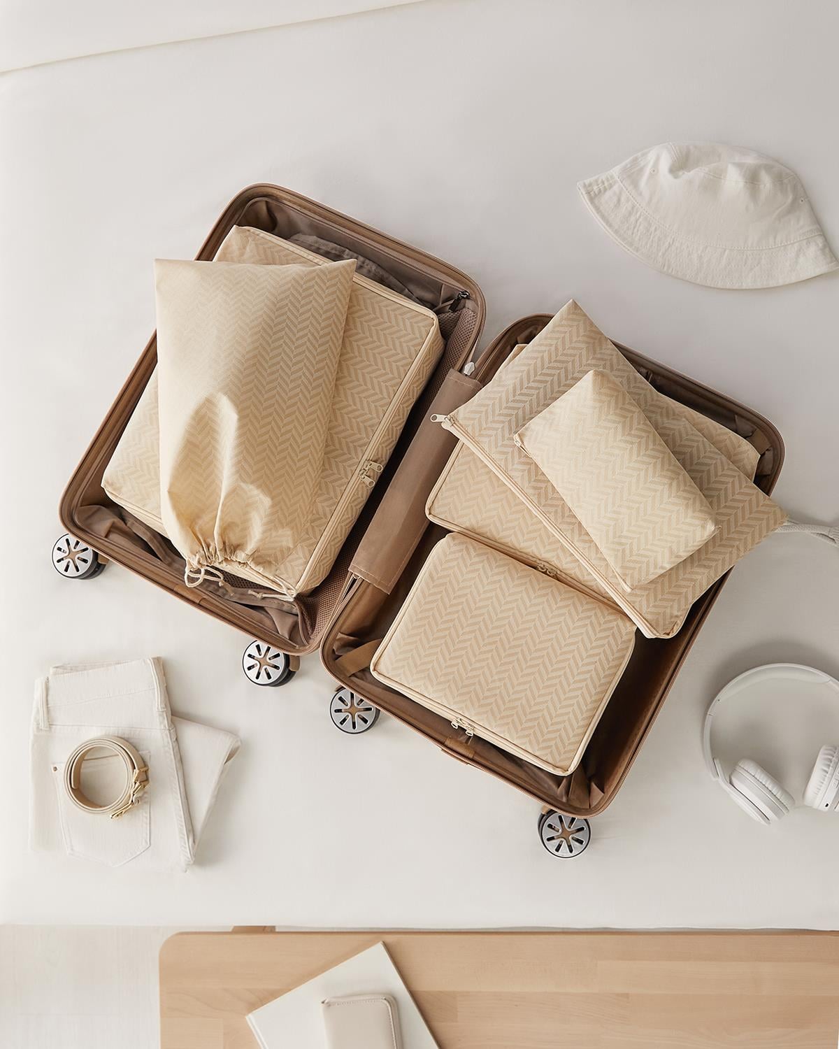 6lı Bej Balıksırtı Bavul İçi Düzenleyici Set