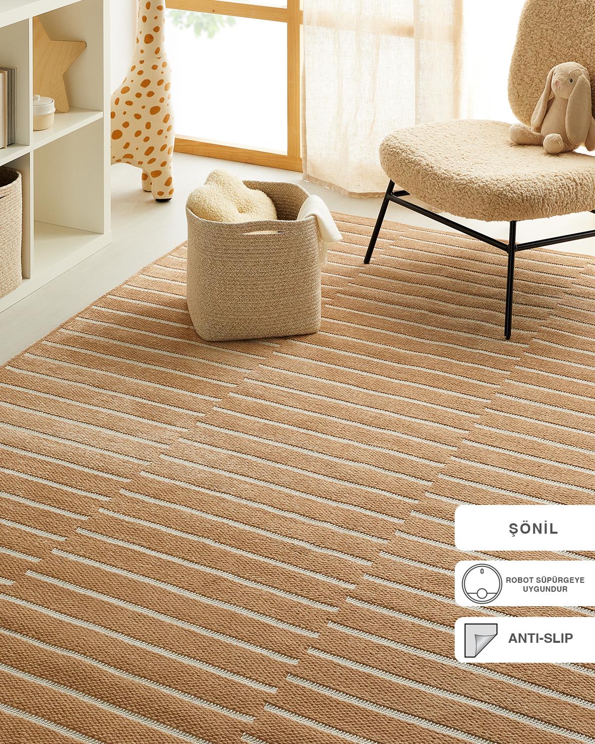 Bej Renk Çizgi Desenli Şönil Halı Kilim 160 x 230 cm