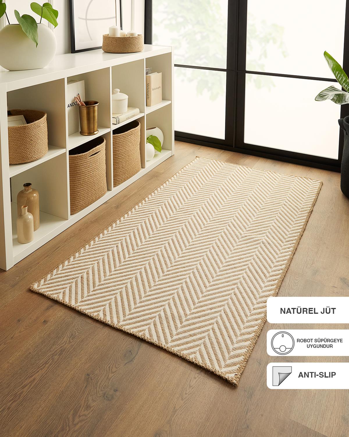 Ekru Renk Balıksırtı Jüt Halı Kilim 80 x 150 cm