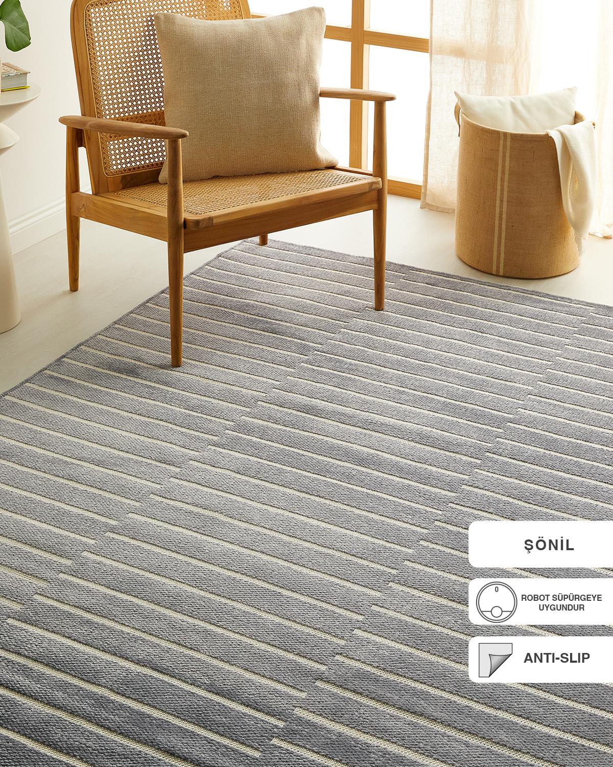 Gri Renk Çizgi Desenli Şönil Halı Kilim 160 x 230 cm