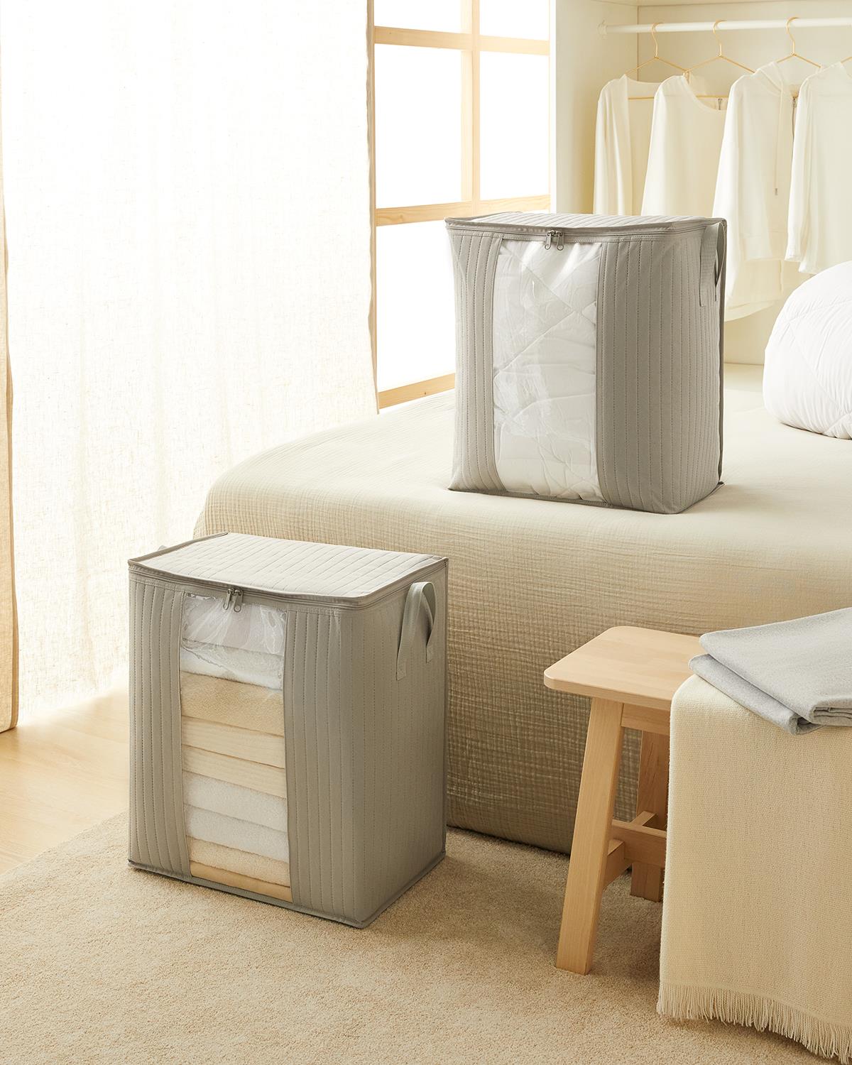 Pvc Pencereli Gri Renk Kapitone Hurç 45 x 30 x 50 cm