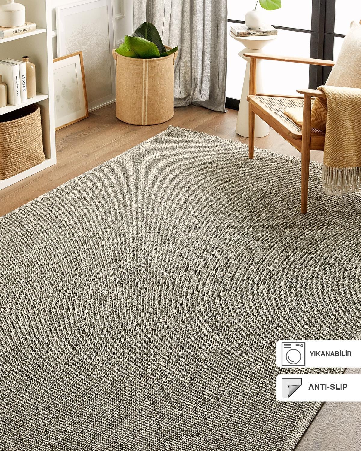 Yıkanabilir Püsküllü Buklet Gri Renk Halı Kilim 120 x 180 cm