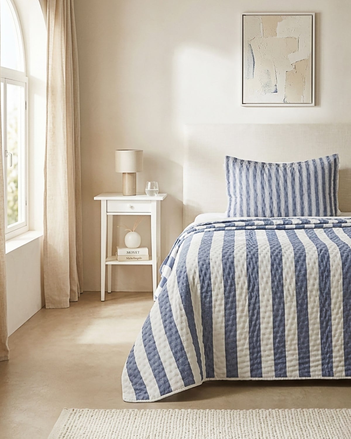 Pamuklu Kaapitoneli Lacivert Renk Çizgi Desen Tek Kişilik Yatak Örtüsü Seti 1 Adet 180 x 230 / 1 Adet 50 x 70 cm