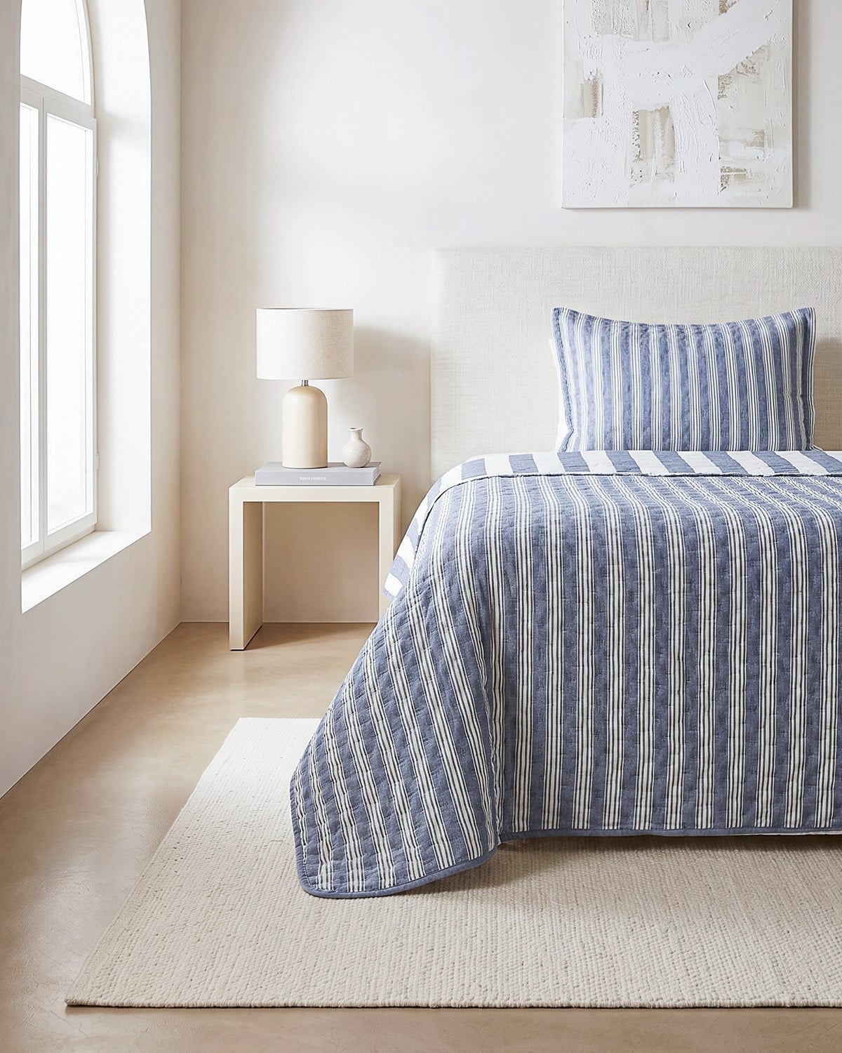 Pamuklu Kaapitoneli Lacivert Renk Çizgi Desen Tek Kişilik Yatak Örtüsü Seti 1 Adet 180 x 230 / 1 Adet 50 x 70 cm