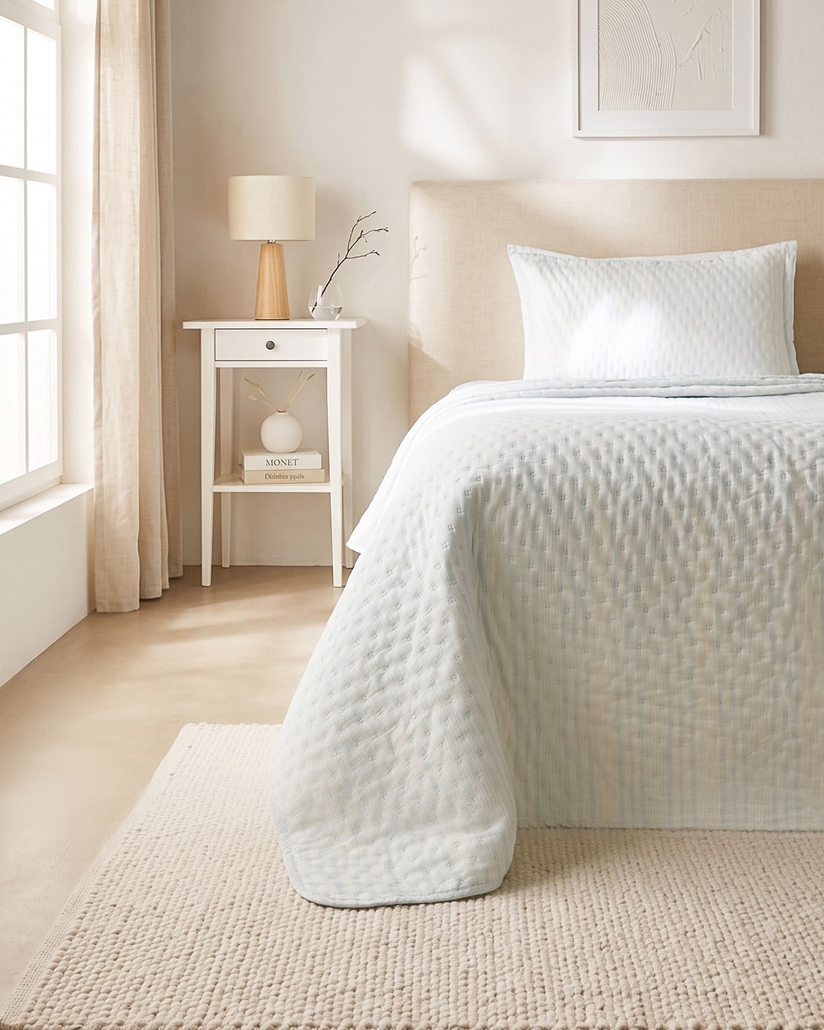 Pamuklu Kapitoneli Açık Mavi Renk Çizgi Desen Tek Kişilik Yatak Örtüsü Seti 1 Adet 180 x 230 / 1 Adet 50 x 70 cm