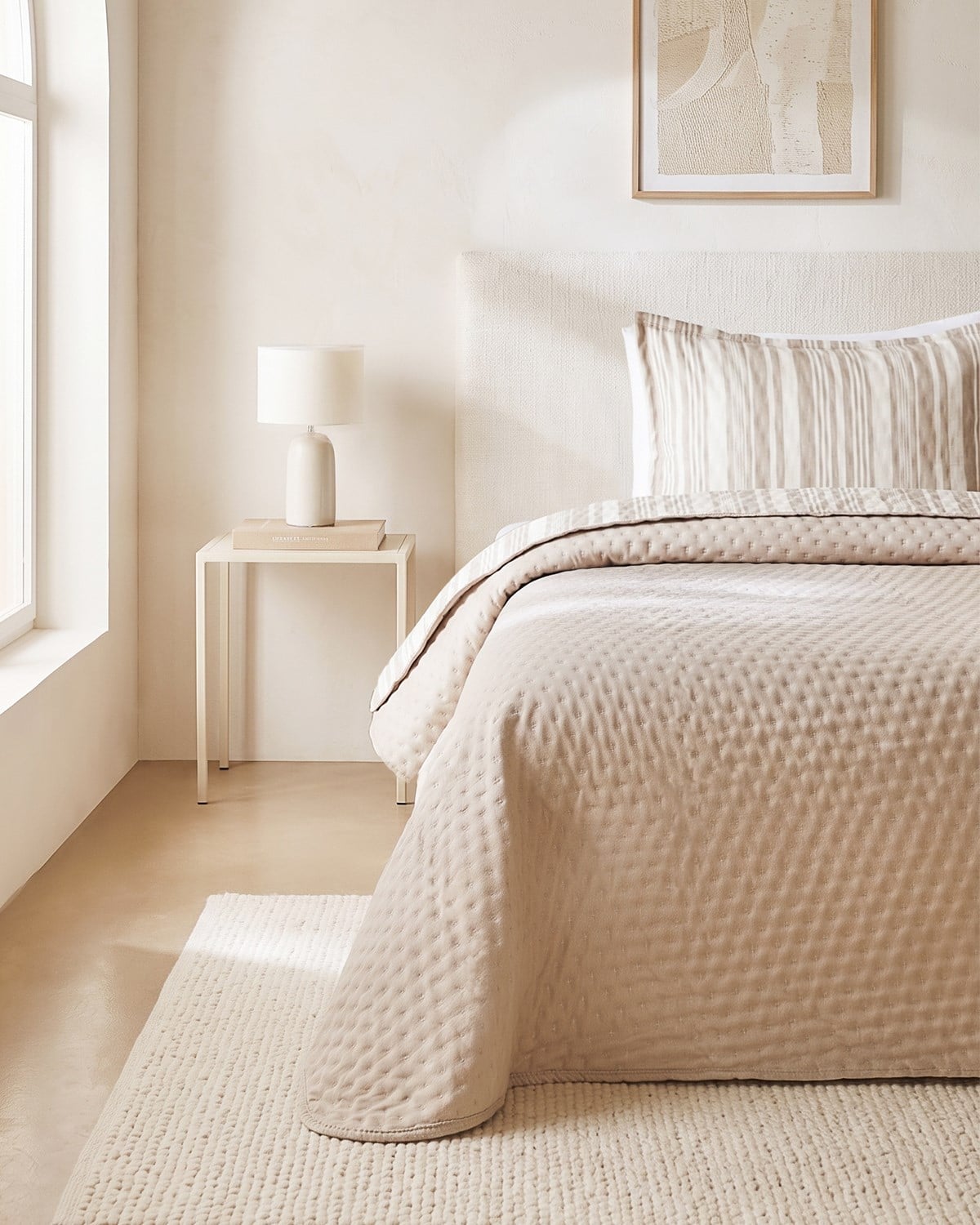 Pamuklu Kapitoneli Bej Renk Çizgi Desen Tek Kişilik Yatak Örtüsü Seti 1 Adet 180 x 230 / 1 Adet 50 x 70 cm