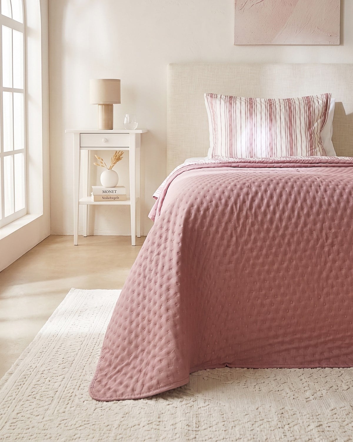 Pamuklu Kapitoneli Bordo Renk Çizgi Desen Tek Kişilik Yatak Örtüsü Seti 1 Adet 180 x 230 / 1 Adet 50 x 70 cm