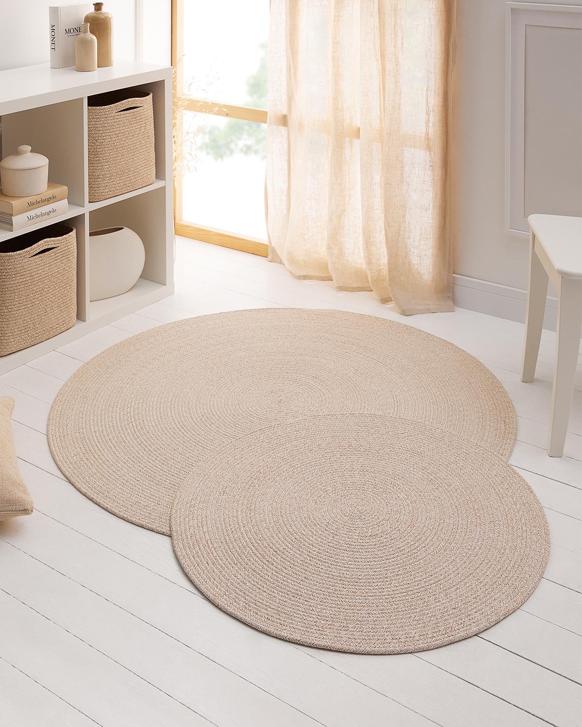 Yıkanabilir Bej Kırçıllı Pamuklu Halı Kilim Ø 120 cm