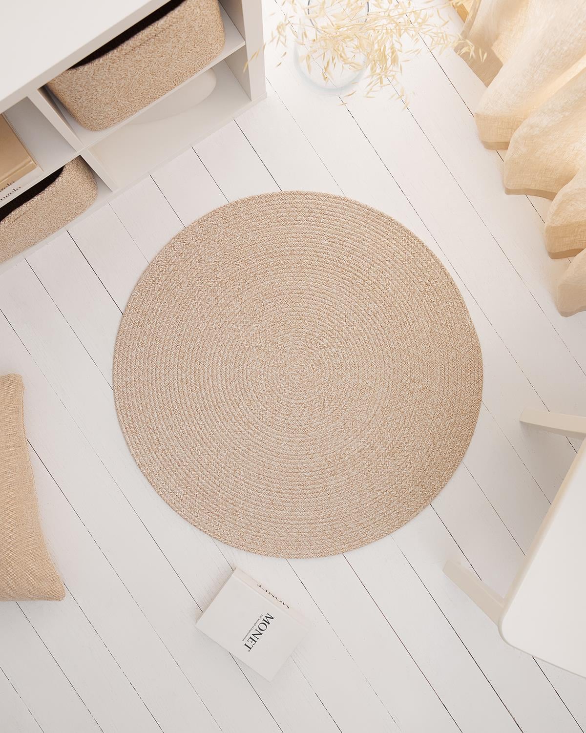 Yıkanabilir Bej Kırçıllı Pamuklu Halı Kilim Ø 80 cm