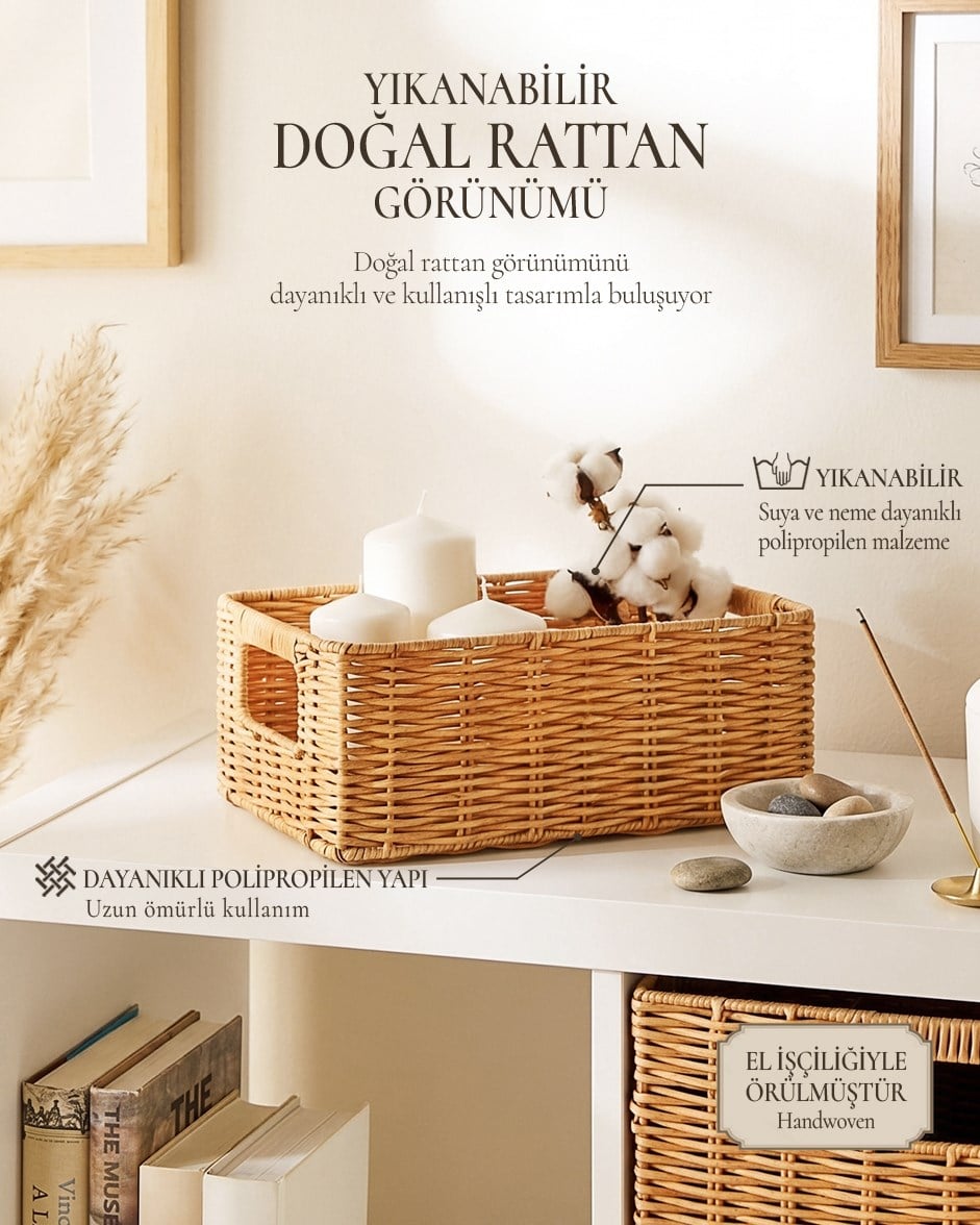 Yıkanabilir Bej PP Rattan Sepet 30 x 20 x 11 cm