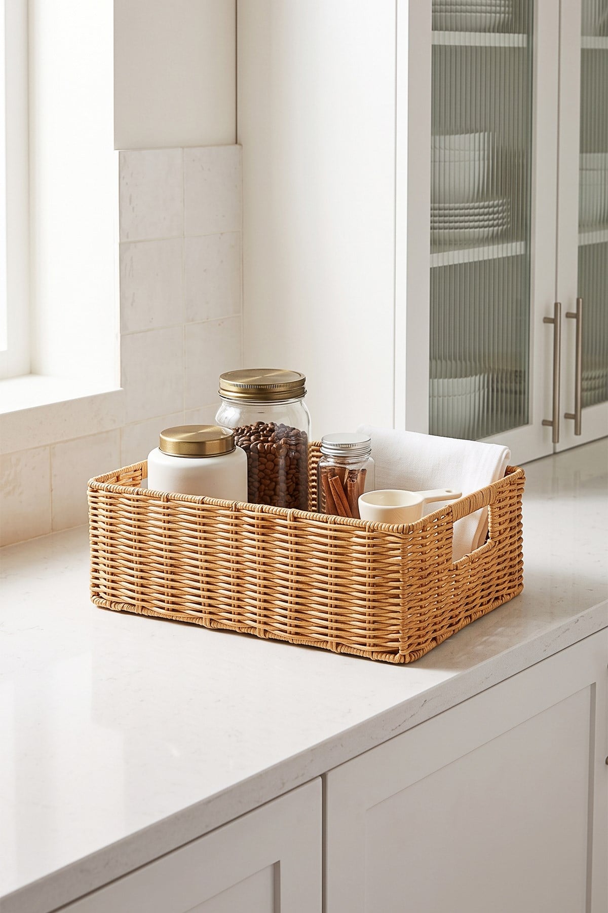 Yıkanabilir Bej PP Rattan Sepet 39 x 29 x 13 cm