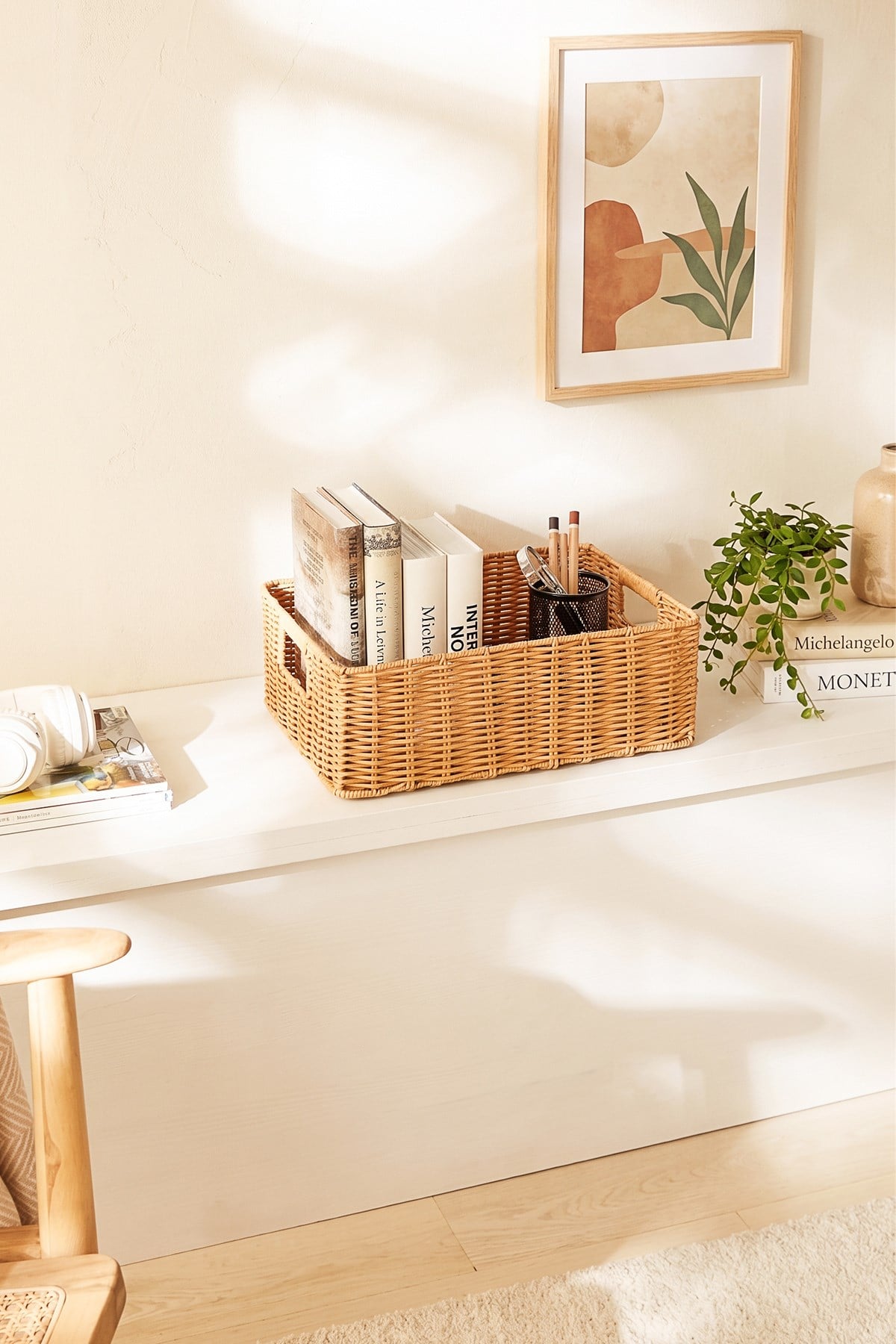 Yıkanabilir Bej PP Rattan Sepet 39 x 29 x 13 cm