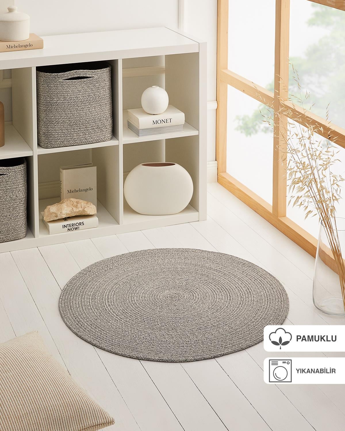 Yıkanabilir Gri Kırçıllı Pamuklu Halı Kilim Ø 80 cm