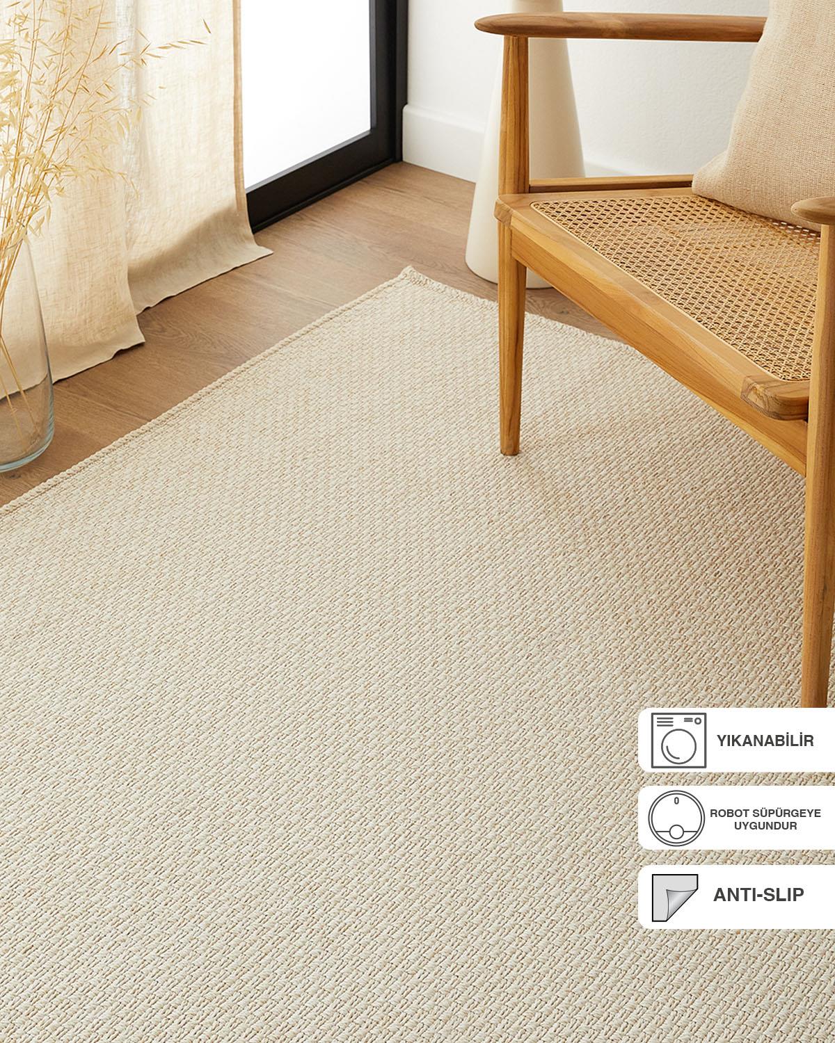 Yıkanabilir Jüt Görünümlü Krem Renk Hasır Desenli Halı Kilim 200 x 290 cm