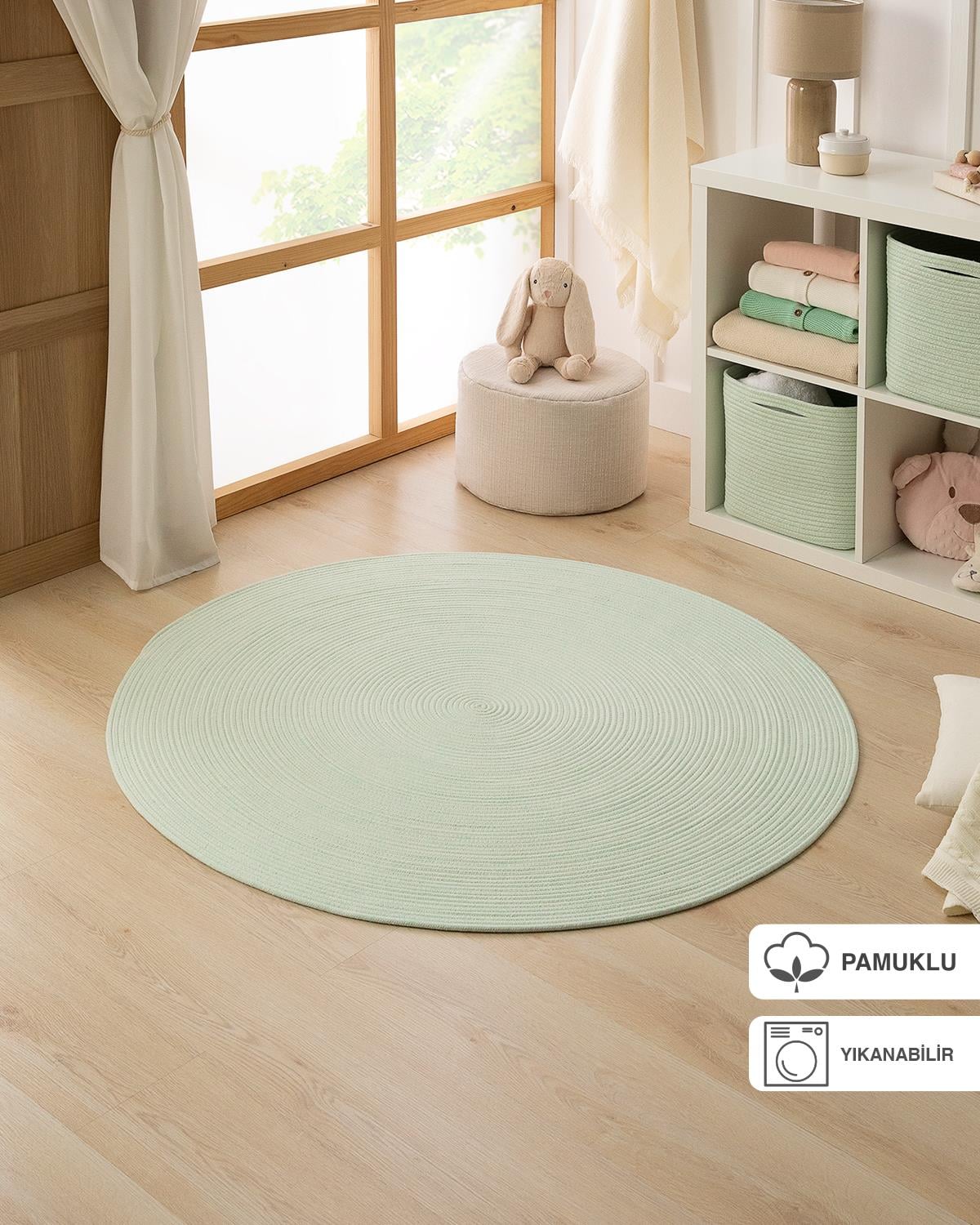 Yıkanabilir Mint Kırçıllı Pamuklu Halı Kilim Ø 120 cm
